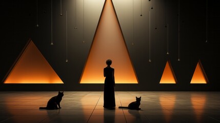 An enigmatic silhouette gazes upon a triangular canvas adorned with striking art, accompanied by two feline muses, evoking a sense of mystery and whimsy