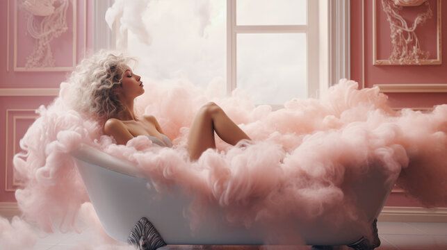 A beautiful woman in extravagant outfit with curly hair is lying in a bathtub filled with pink foam that floats around her in a luxurious bathroom.