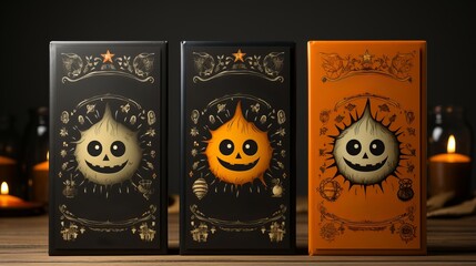 Fototapeta na wymiar An enchanted stack of mysterious boxes adorned with whimsical illustrations, flickering candles, and spooky halloween scenes, beckoning readers to unlock their hidden tales