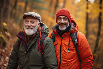 hombres caminando con ropa de invierno por bosque otoñal - obrazy, fototapety, plakaty