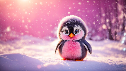 Cute cartoon penguin in a snowy meadow - obrazy, fototapety, plakaty