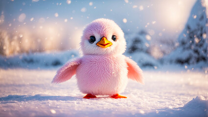 Cute cartoon penguin in a snowy meadow