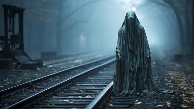 A shrouded ghost stands atop the foggy train tracks, their face hidden as they await the arrival of the speeding locomotive on the ground below