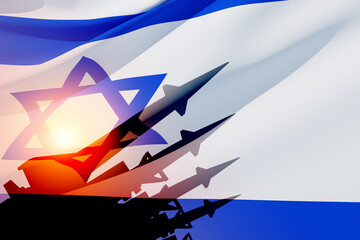 Silhouette of missiles on a background of the flag of Israel and the sun. Nuclear weapon concept.