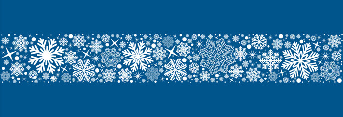 Snowflakes seamless border .Ornament with white snowflakes and stars isolated on blue background .Christmas blue horizontal border.Christmas decoration. - obrazy, fototapety, plakaty