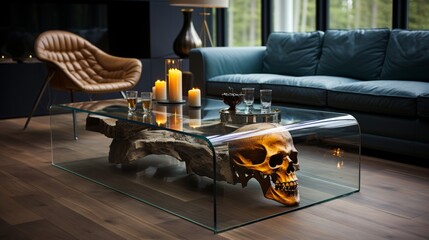 The haunting presence of skull perched atop sleek glass coffee table in an indoor den, surrounded by plush furniture and loveseat with inviting armrest, creates chilling yet alluring ambiance in room - obrazy, fototapety, plakaty