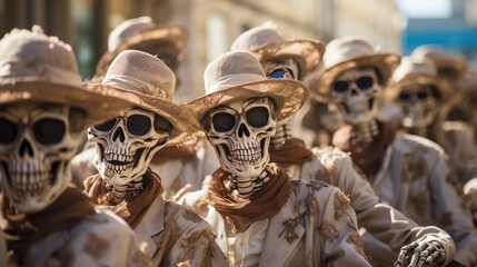 A fashionable gang of bony beings sporting hats, scarves, and even sunglasses, braving the outdoors with their skulls and masks on full display - obrazy, fototapety, plakaty