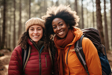 mujeres jovenes y sonrientes con ropa de invierno posando en un bosque con fondo de arboles desenfocados - obrazy, fototapety, plakaty