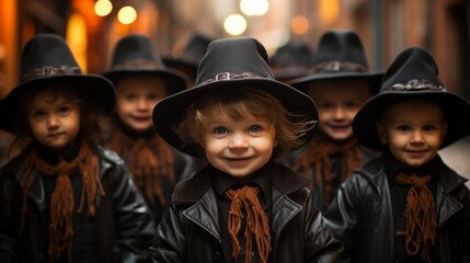 A lively group of young children, donning black fedoras and standing proudly on the street, their beaming smiles hidden beneath their stylish headgear and jackets - obrazy, fototapety, plakaty
