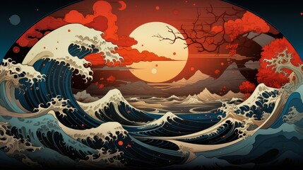 An ethereal painting of the moonlit sea, captured in vibrant anime graphics, where wild waves crash against the shore with fluid artistry