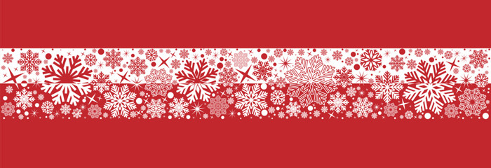 Snowflakes seamless border .Ornament with white snowflakes and stars isolated on red background .Christmas red horizontal border.Christmas decoration.