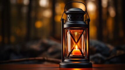 Fototapeta na wymiar A flickering flame illuminates the dark, casting a warm glow upon the rustic lantern and creating a serene ambiance for a magical outdoor adventure