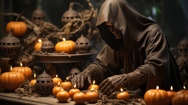 A masked figure, adorned with flickering candles, embraces the essence of halloween amidst a sea of gourds and pumpkins, embodying the mystical energy of the indoor squash-filled atmosphere
