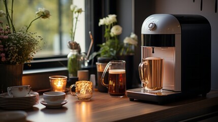 A cozy indoor kitchen scene, with a sleek coffee maker perched on a table adorned with elegant tableware, a charming vase holding a vibrant flower, and a rustic kettle and pitcher ready for brewing