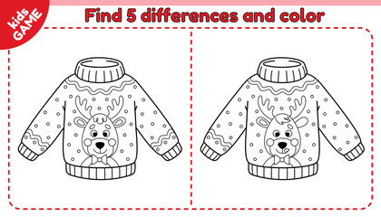 Kids game Find 5 differences with cartoon Christmas ugly sweater. Compare holiday New Year jumper with deer. Spot different details. Coloring page for children. Black and white outline vector design.