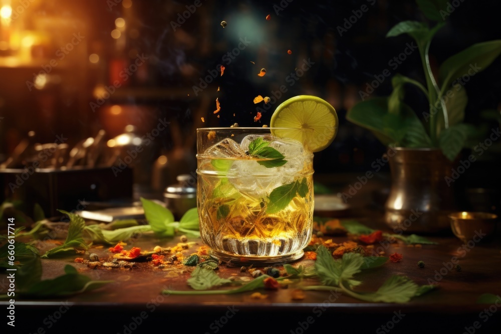 Poster a glass filled with a drink sitting on top of a table. this image can be used for various purposes.