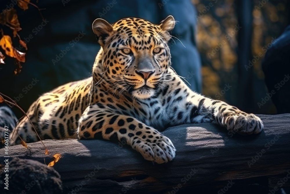 Poster A leopard is seen lying on top of a log. This image can be used to depict the natural habitat and behavior of leopards in the wild.