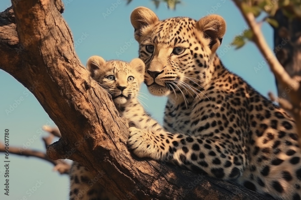 Poster a mother leopard and her cub are seen sitting in a tree. this image can be used to depict the bond b