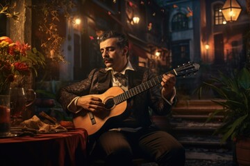 A man in a tuxedo playing a guitar. Perfect for music events and formal occasions.