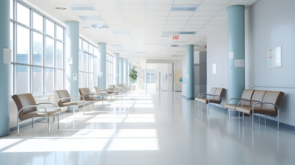 Modern hospital with waiting area and empty corridor