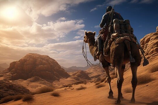 A man confidently rides on the back of a camel in the vast desert. This image can be used to depict adventure, travel, or exploration in arid landscapes.