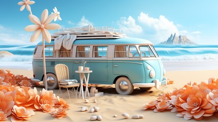 3D sea, sandy beach with umbrellas to protect from the sun Surfboard, tour bus, starfish, shellfish, chair, soft light, soft pastel, clay icon, blender, pastel background. Generate AI