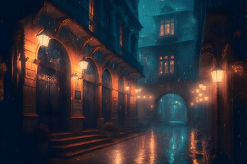 a rainy night time street in a fantasy city magical light in windows octane render dungeons and dragons style 
