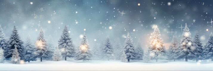 Fototapeta na wymiar Snow Lights. Abstract Christmas Winter Background with Blurred Xmas Tree, Garland Lights, and Snow. Festive Holiday Art Design
