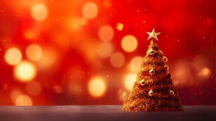 Gold Red Christmas: Festive Greeting Card with Sparkling Bokeh Lights, Xmas Tree, and Winter Holiday Theme