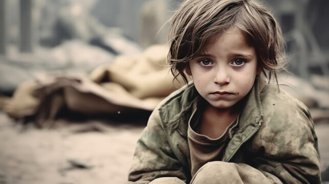 Homeless child cries, family killed by soldiers, homes destroyed.