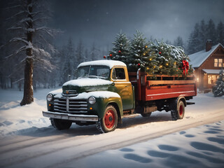 Festive green vintage truck laden with Christmas gifts and pine trees for decorating, driving through a winter snow, a greeting card design with copy space
