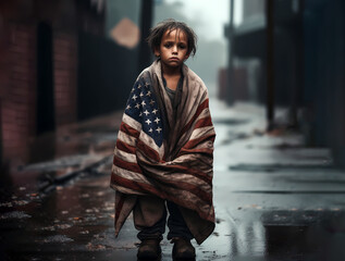 homeless man or kid boy child wrapped in american flag sitting outside on street in rain. sad dissatisfied people generative ai