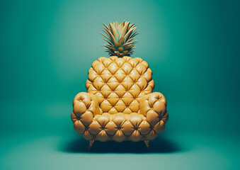Creative design of a pineapple-shaped armchair in a luxurious retro style, on a mint paper background.