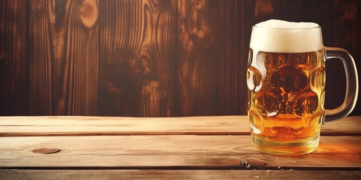 mug with beer on a wooden background with copy space