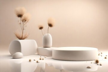 Background for cosmetic products of natural beige color. Stone podium and dry flower on a white background. 
