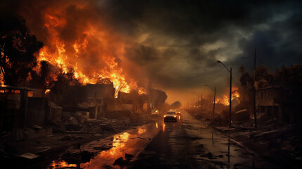 a destroyed city with a fire storm in war.