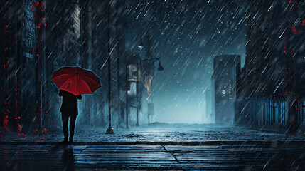In the midst of a heavy rainstorm, a person grips an umbrella tightly..