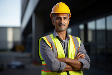 Mature male Indian construction site manager standing with folded arms wearing safety vest and helmet at construction site.
