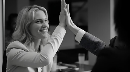 Businesswoman giving a high five to a colleague in meeting, Generative AI