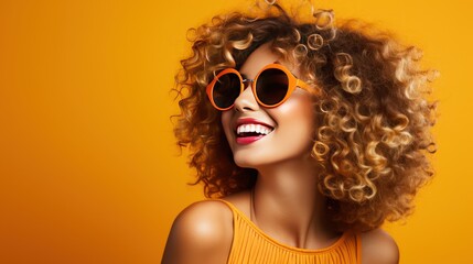 Happy beauty woman in orange color