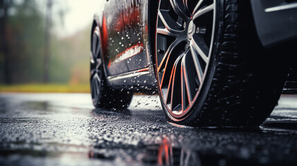 Driving on a rain-soaked roadway with wet tires.. - obrazy, fototapety, plakaty