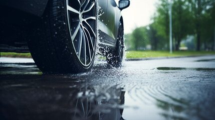 Aquaplaning risk increases with wet tires on a road.. - obrazy, fototapety, plakaty