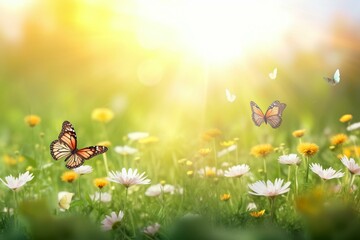 Bright summer nature scene with fluttering butterflies, blossoming flowers, sunlit glade, and bokeh. Generative AI