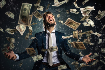 Happy successful businessman in elegant clothes under money rain.