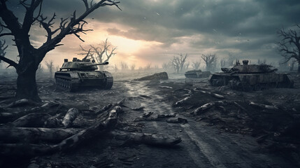 Battlefield with tanks, soldiers, apocalyptic ruins. - obrazy, fototapety, plakaty