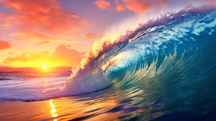 The sea's vibrant wave, forming a majestic crest, bathed in the warm glow of a setting sun with billowing clouds..