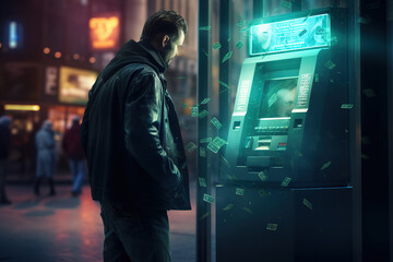 Side view of man at the atm machine for withdrawing money at night - obrazy, fototapety, plakaty