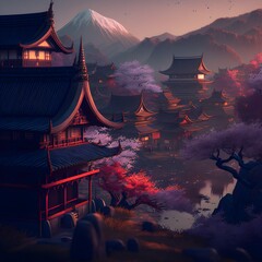 Naklejka premium Japanese scenery town mountains red and purple theme sunset UHD Super Detailed High Definition Photographic style Game of thrones cinematography photorealistic epic composition Unreal Engine 