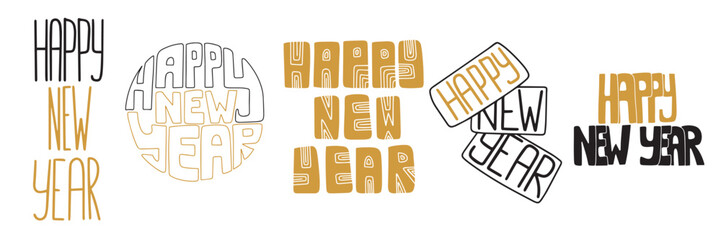 Collection of happy new year lettering. Hand drawn Happy New Year text in gold and black color. Vector illustration.