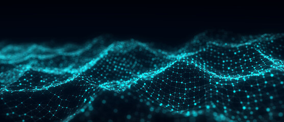 Technology blue wave of particles. Big data visualization. Analytics representation. Digital background. 3d rendering.